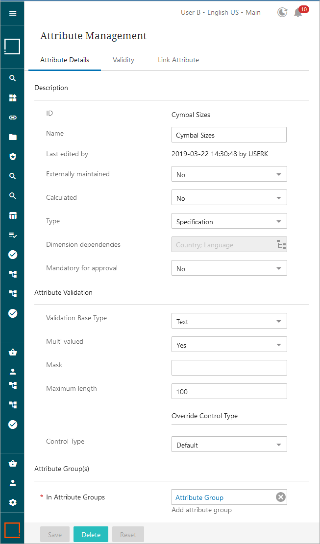 Attributes System Attribute Management Screen