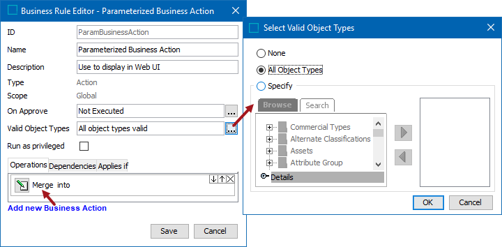 Parameterized Business Actions in Web UI