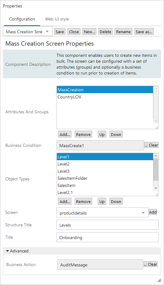 Configuring a Mass Creation Screen