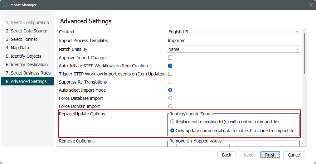 Defining Import Settings for Commercial Data