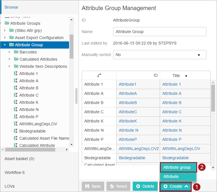 Attribute Group Management Screen