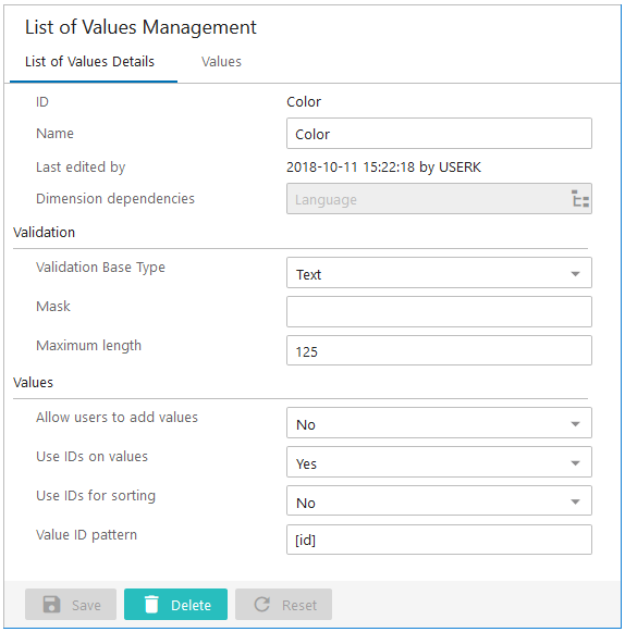 List of Values Management Screen