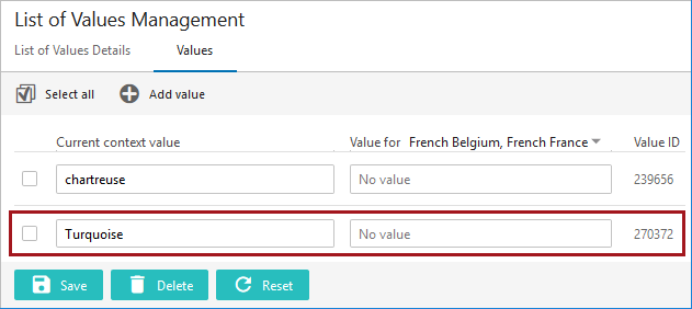 List of Values Management Screen